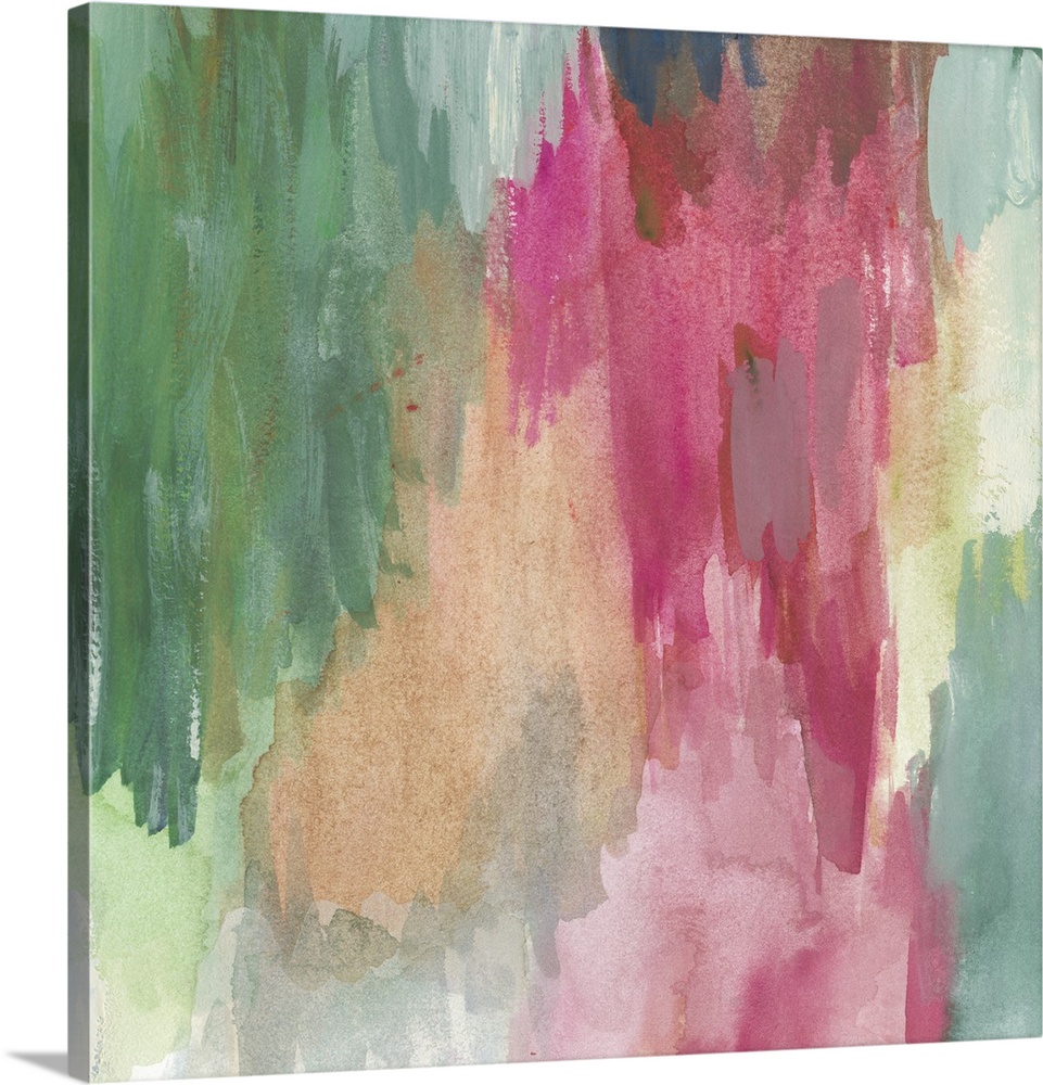 Colorful contemporary abstract painting using pink and green.