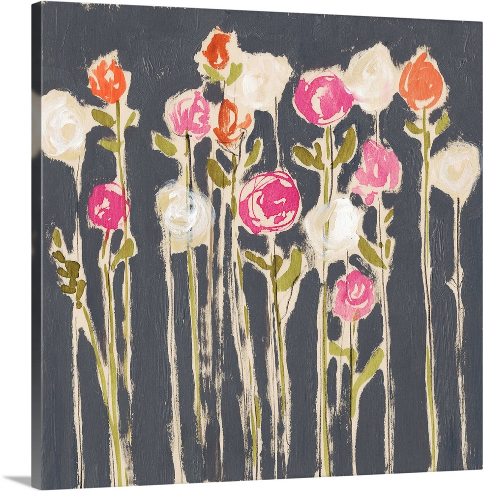 Contemporary painting of colorful flower on tall straight stems against a dark gray background.