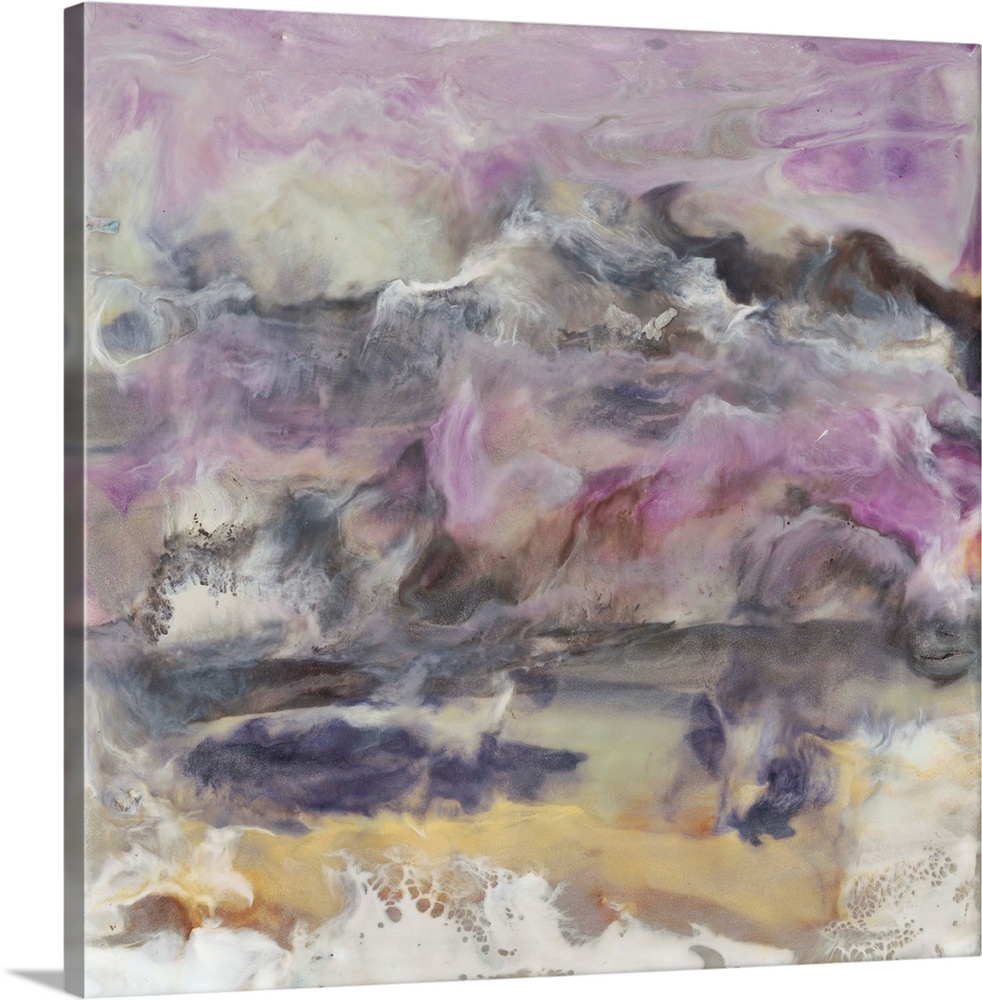 Soothing contemporary artwork featuring flowing purple, yellow and neutral tones of color to create a marble effect.