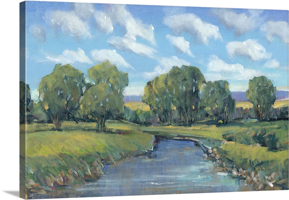 Contemporary artwork of a stream running through a countryside under a blue summer sky.