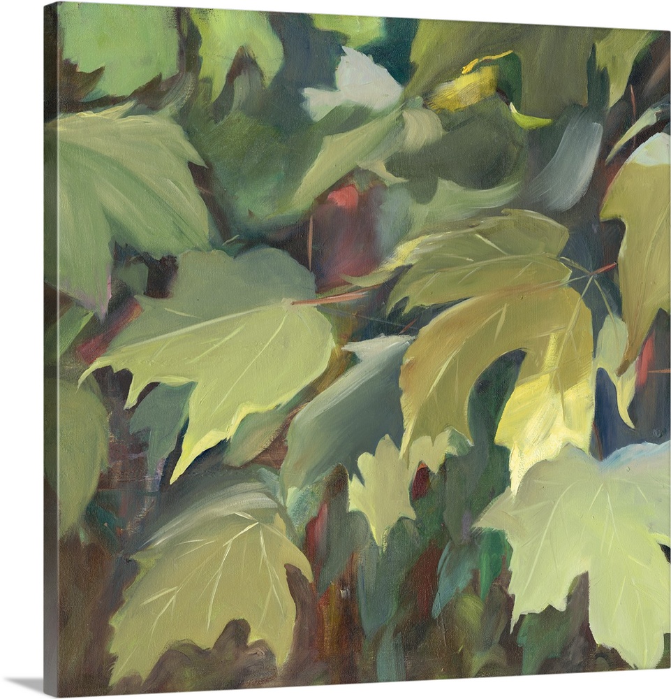 Contemporary artwork of green oak leaves in the shade.