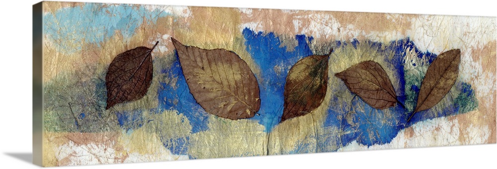 This elongated piece has a rustic background with different size leaves spread out across it.