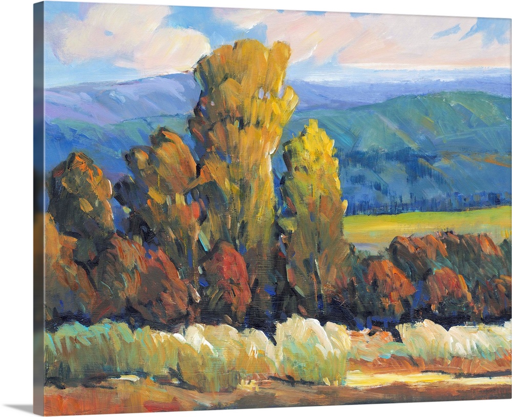 Contemporary painting of a mountain valley landscape with a grove of trees in the fall.