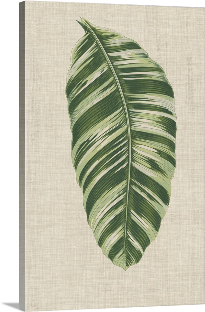 This decorative artwork features an illustrative leaf with dark green stripes over a neutral linen background.