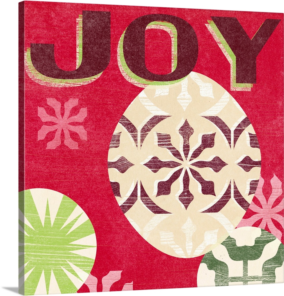 "Joy" surrounded by holiday ornaments against a red backdrop and overlapping thin white lines that give the artwork a weat...