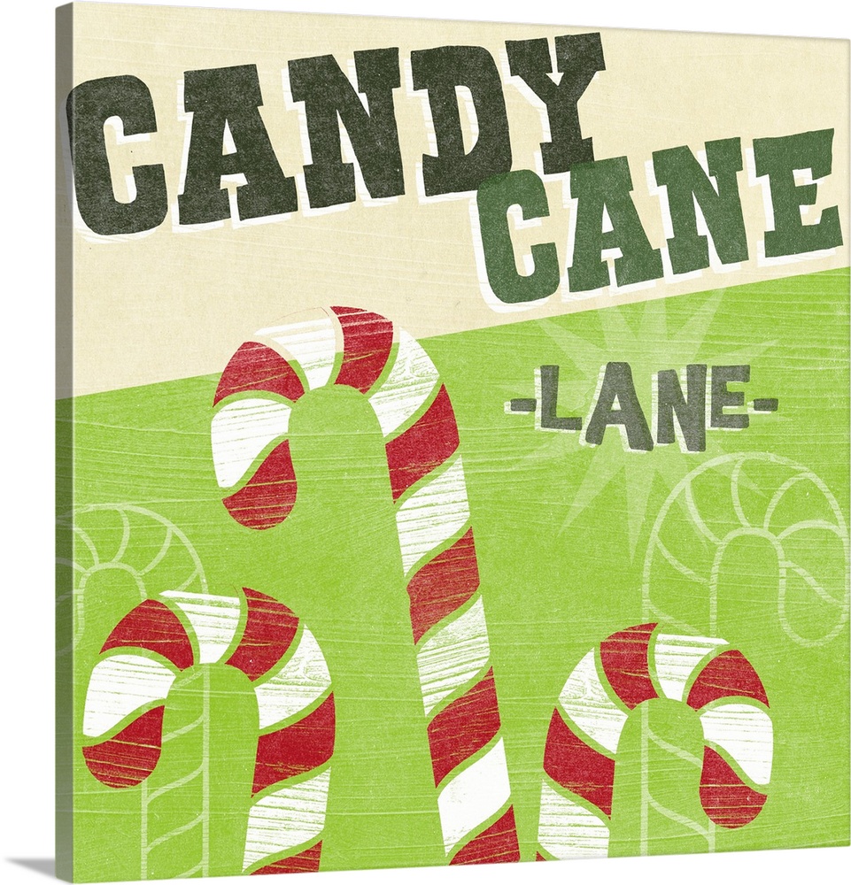 "Candy Cane Lane" above candy canes against a lime green backdrop and overlapping thin white lines that give the artwork a...