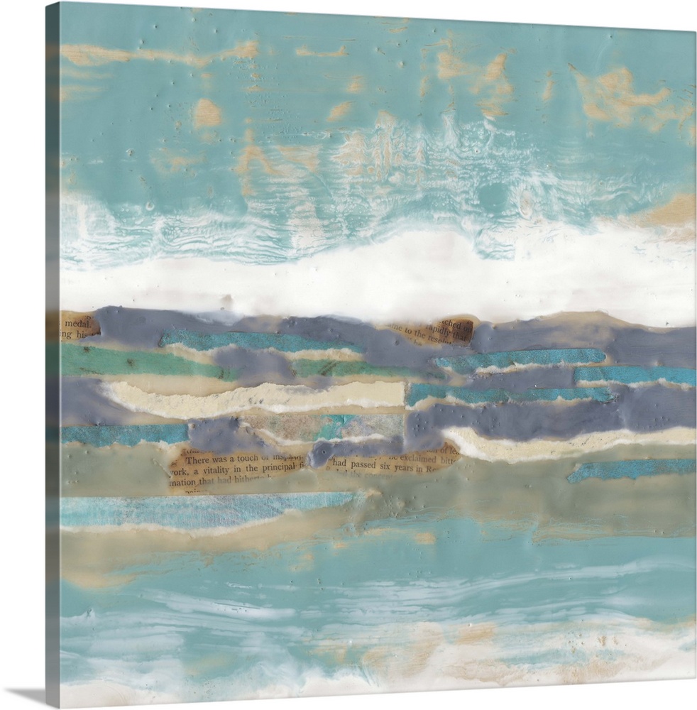 Contemporary abstract artwork using cool tones in horizontal formation to look like an open sea.