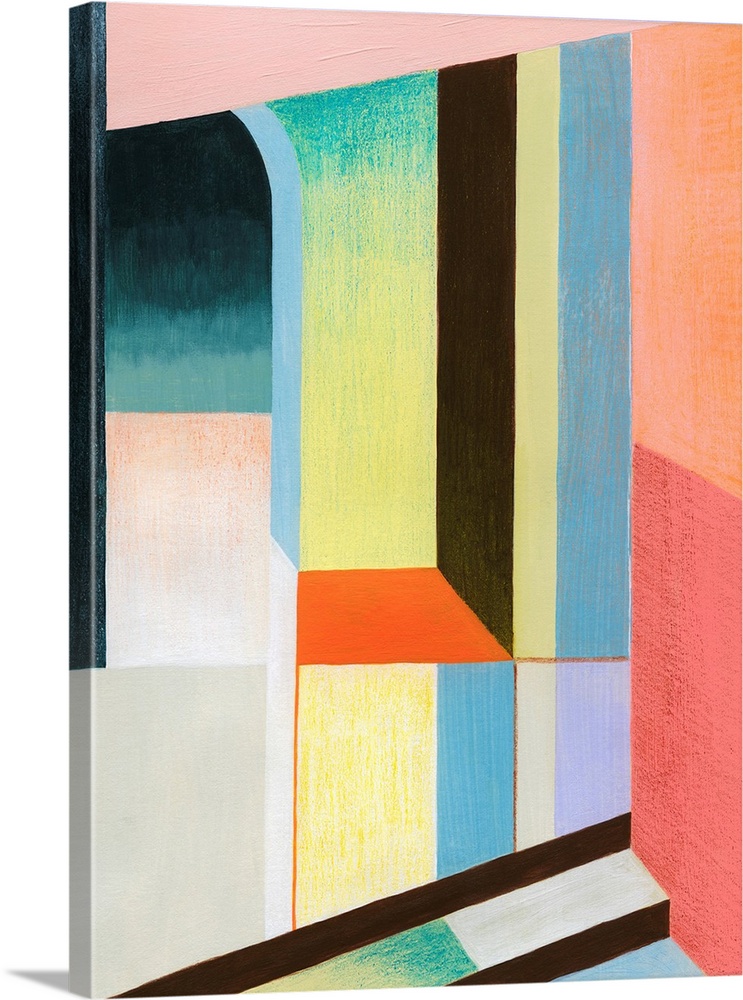A brightly colored geometric abstract piece featuring an archway and block shapes that appear to be spects and alcoves