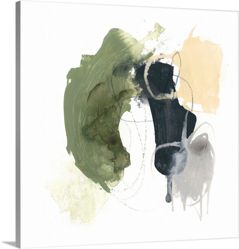 Abstract artwork of sketched and painted gestures in green, black, yellow and gray.