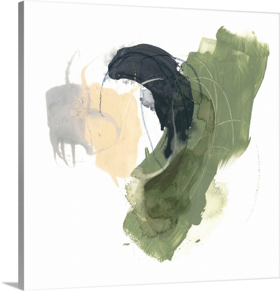 Abstract artwork of sketched and painted gestures in green, black, yellow and gray.