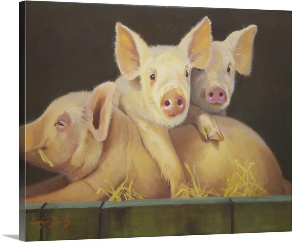Contemporary artwork of endearing piglets leaning over their mother in a wood container fill with hay.