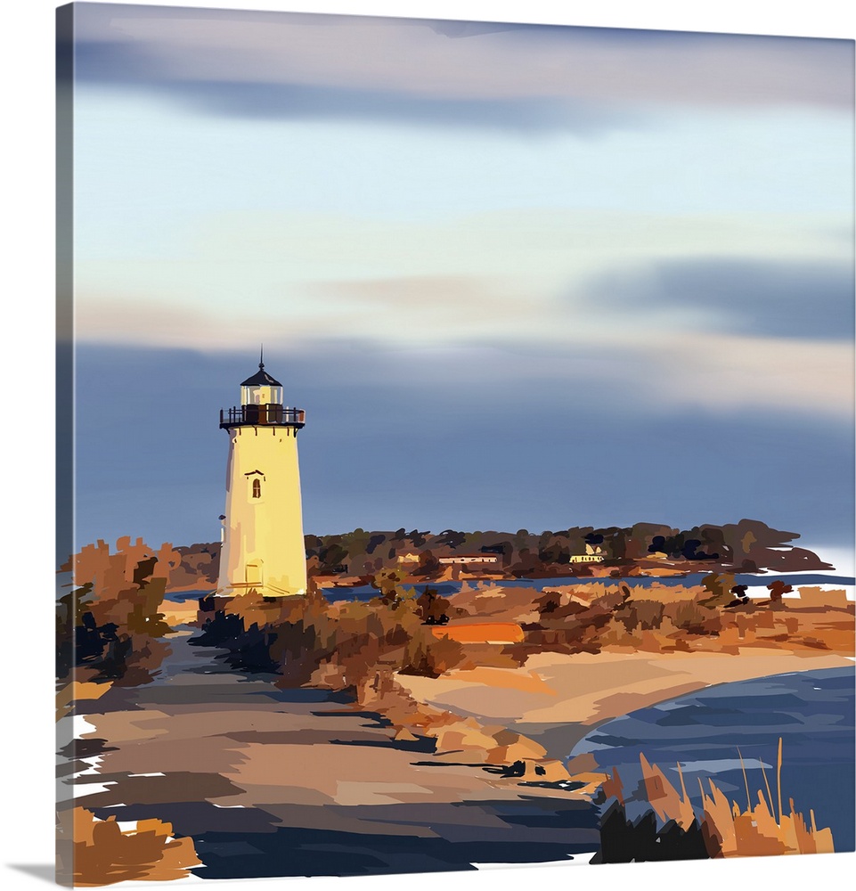 Peaceful landscape painting of a lighthouse on the coast in the evening.