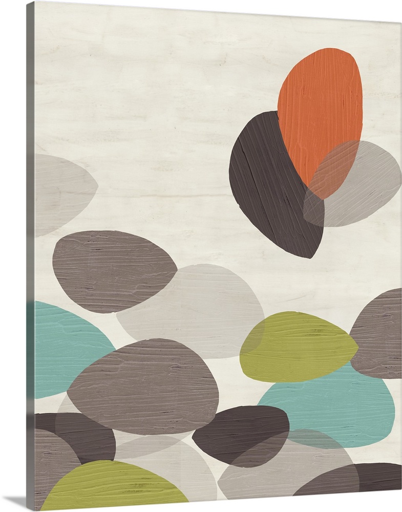 Contemporary abstract painting using organic funky shapes in muted colors against an off-white background in a retro style.