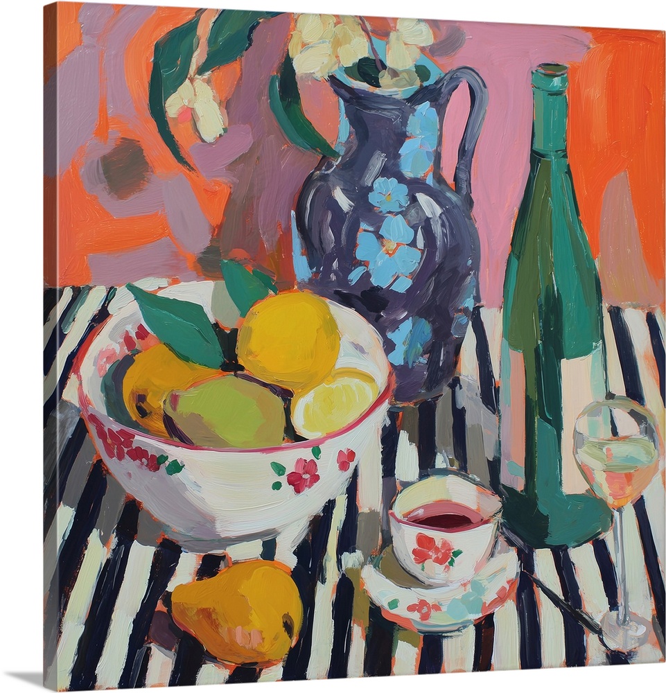 Still life with wine glass and fruit in an abstract style.