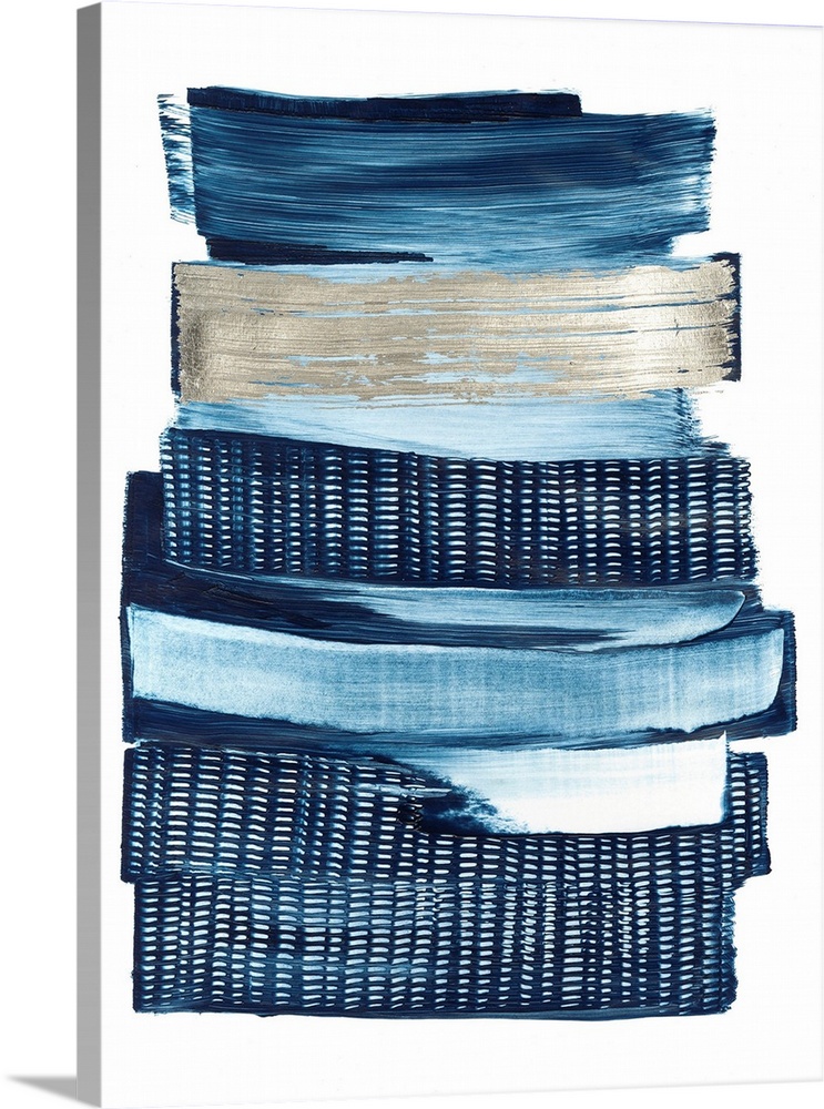 A contemporary painting in shades of deep indigo denim blue with accents of a metallic champagne color. The stacked shapes...