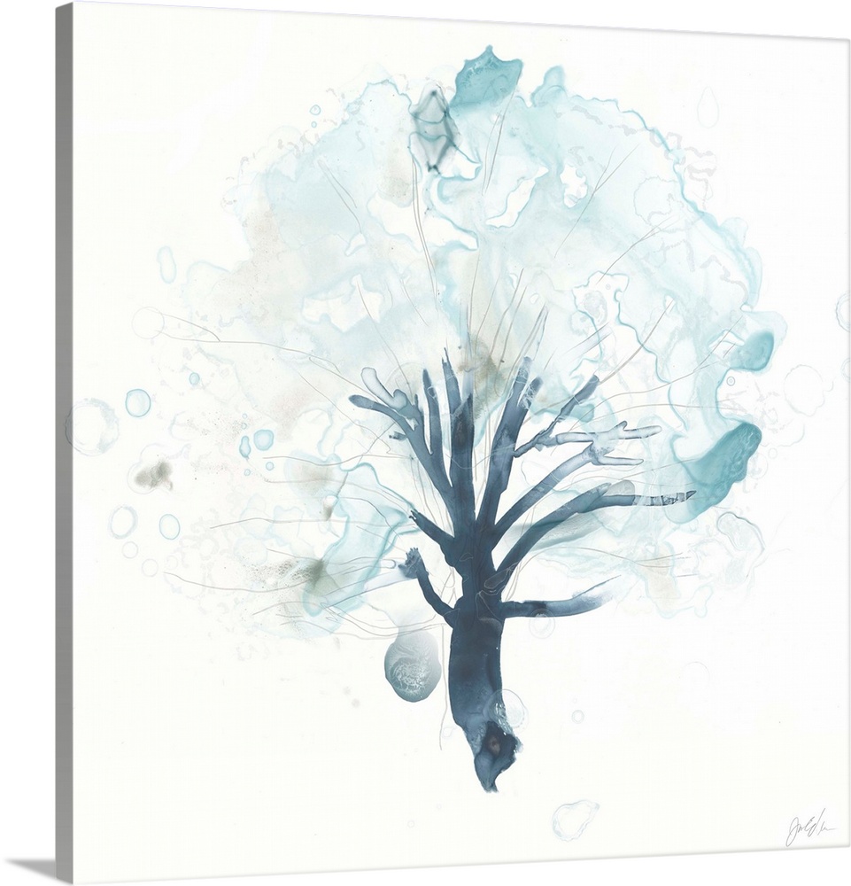 Watercolor painting of a tree in watered down blue shades with blurred spots.
