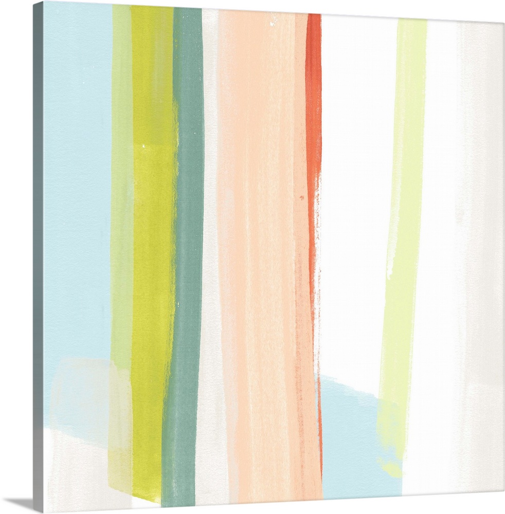 Pastel abstract painting of vertical stripes in blue, yellow, and peach.