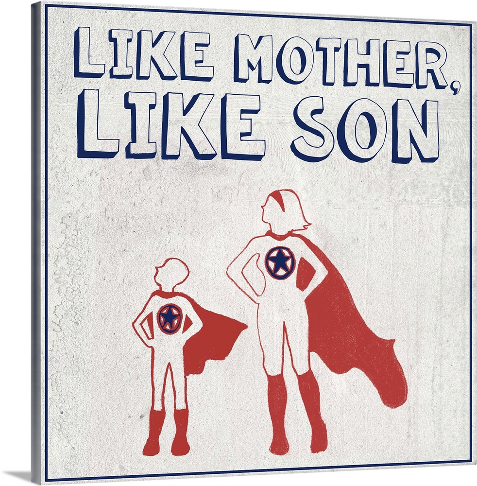 Cute artwork of a boy and his mother dressed like superheroes.