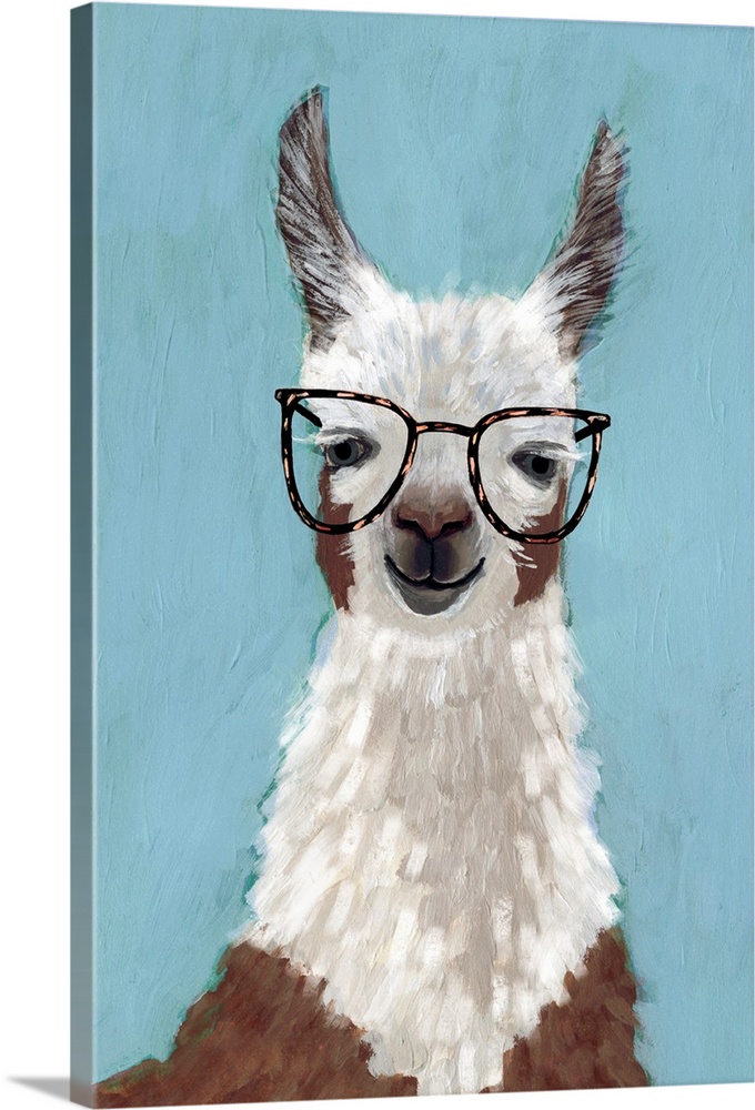 One painting in a series of hipster llamas with goofy grins wearing eye glasses.