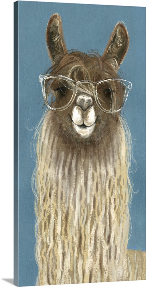 One painting in a series of hipster llamas with goofy grins wearing eye glasses.