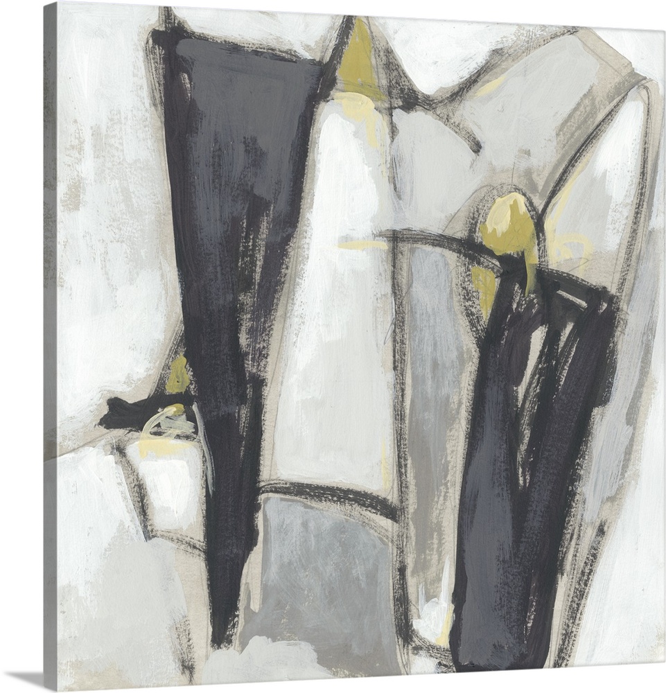 Abstract artwork of spirited brush strokes in gray tones over a white backdrop embellished with gold accents.