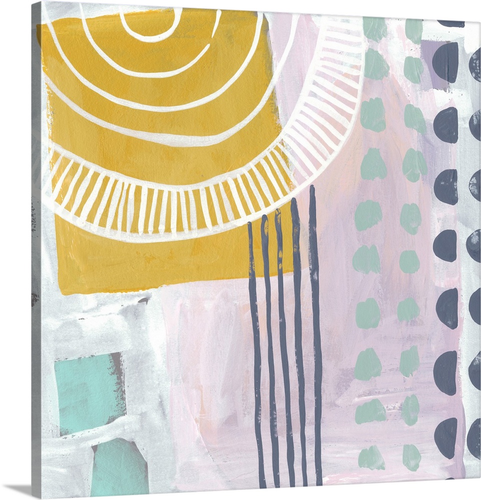 Fun, contemporary abstract painting with geometric forms and lines in a vareity of bright and pastel shades.