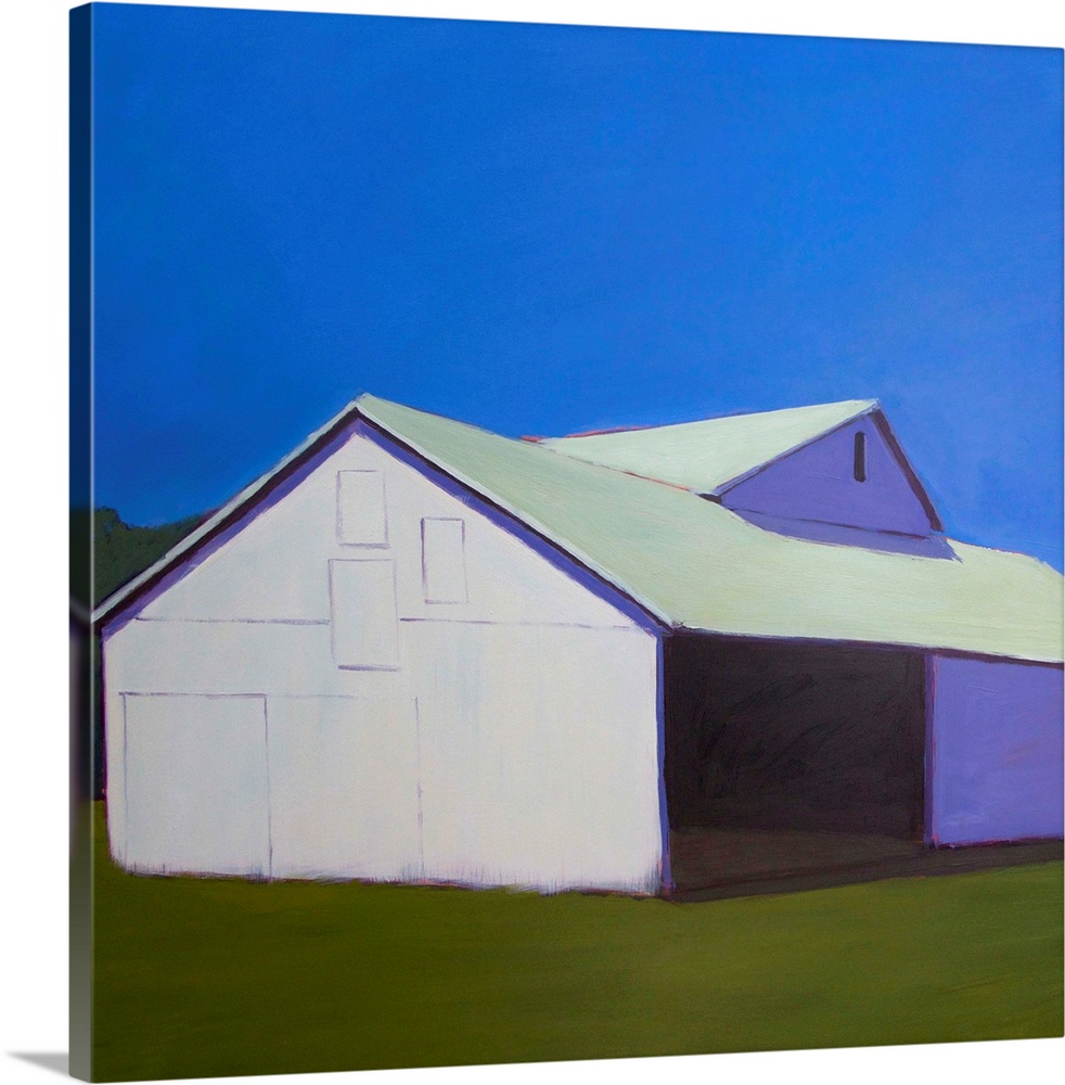 Contemporary painting of a white barn in a rural field in afternoon light.