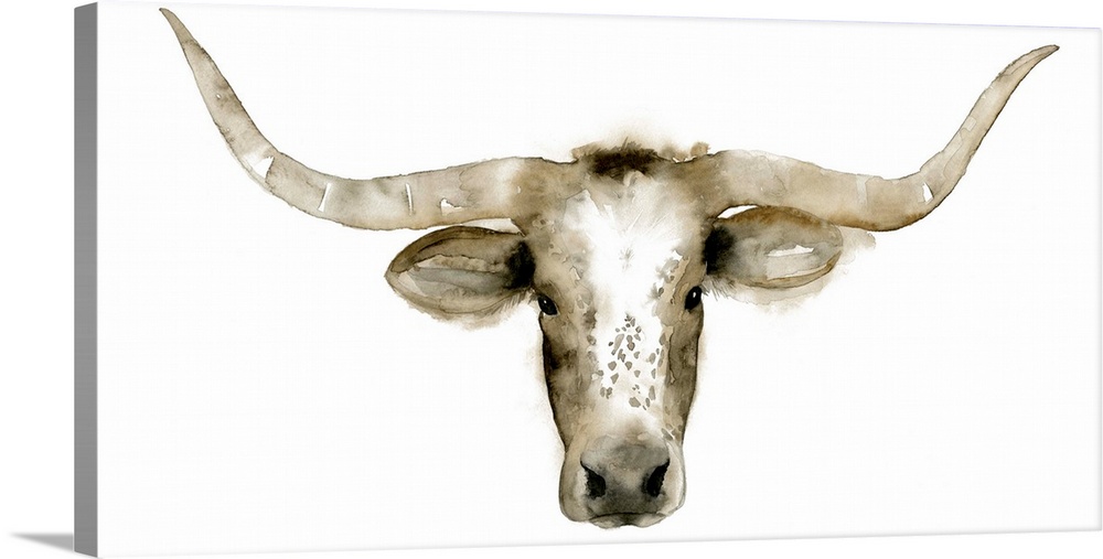 Watercolor head-on artwork of a longhorn steer on white.