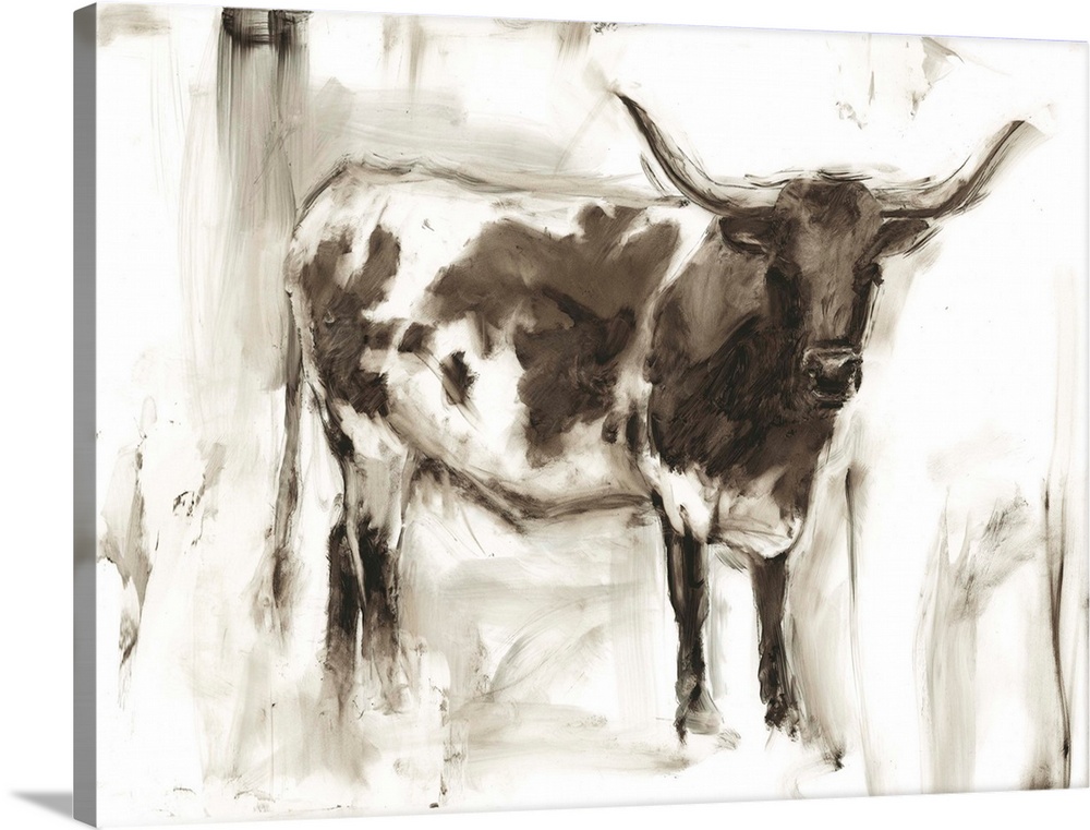 Roughly painted study of a longhorn cow in neutral tones.