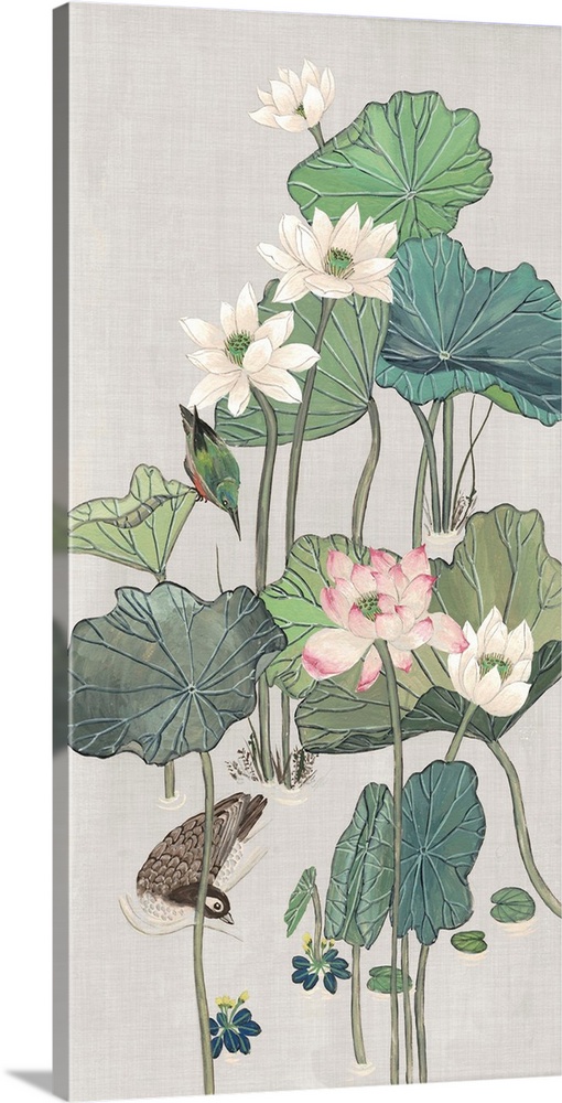 This painted illustration over linen gives a vintage feel to playful pond scene featuring lotus flowers.