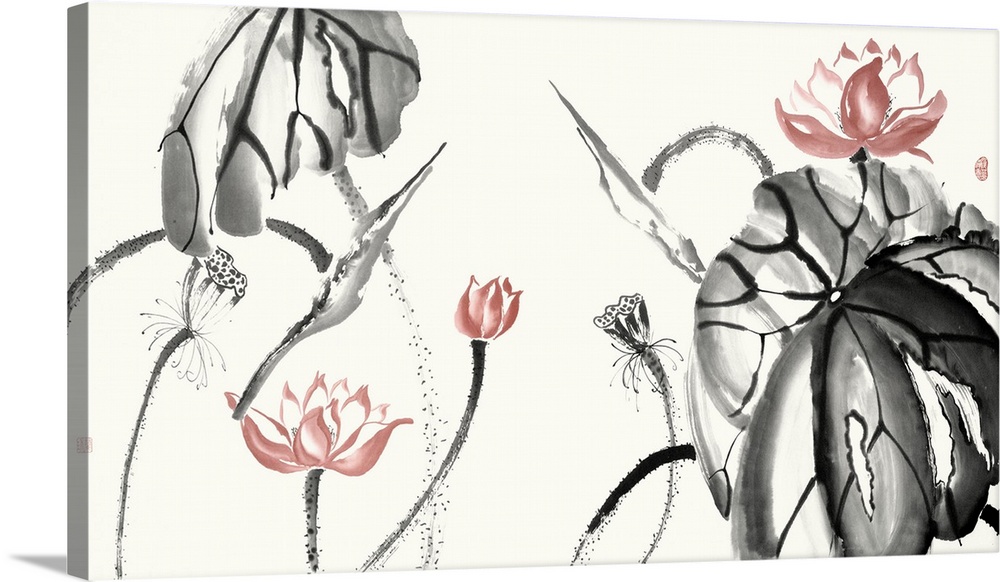 Illustrations of free formed lotus flowers in black and coral watercolor with red Japanese symbols on the side.