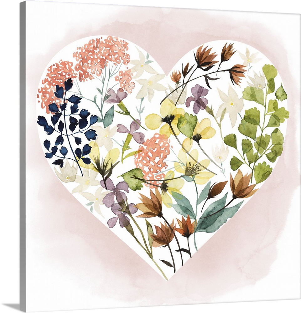 Watercolor illustration of a heart filled with botanical elements including leaves and flowers.