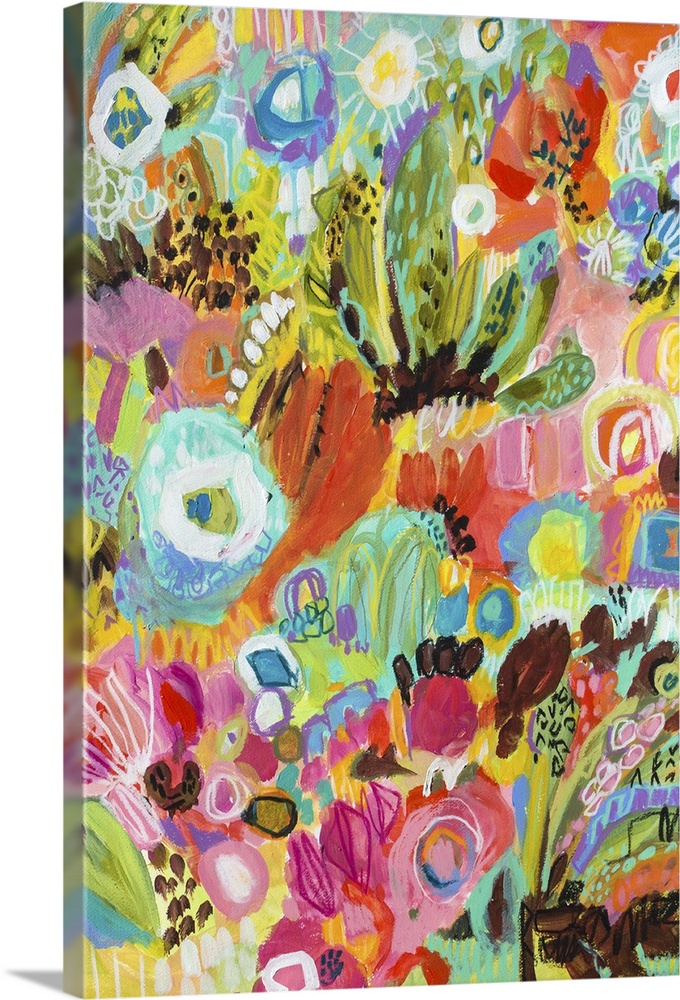 Contemporary art print of an abstract garden filled with colorful flowers.