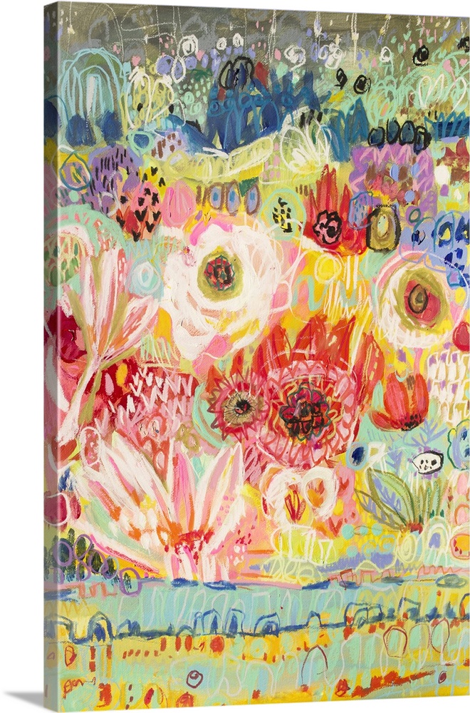 Contemporary art print of an abstract garden filled with colorful flowers.