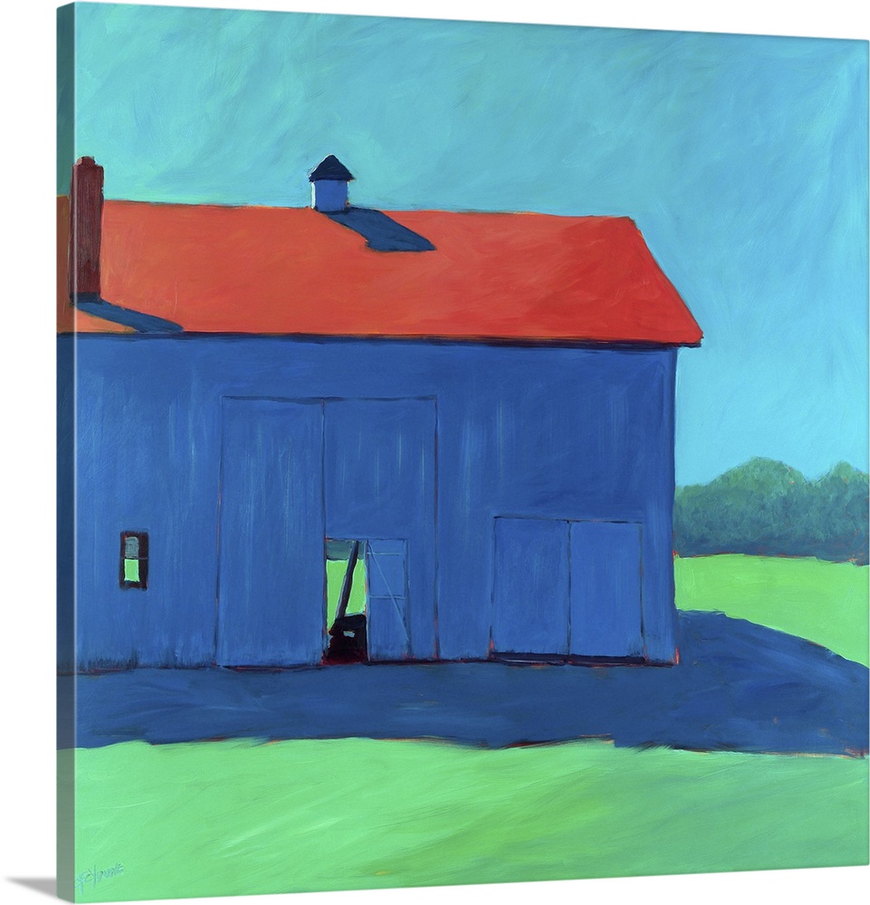 Square artwork of a stable on a countryside landscape in bright primary and secondary colors.