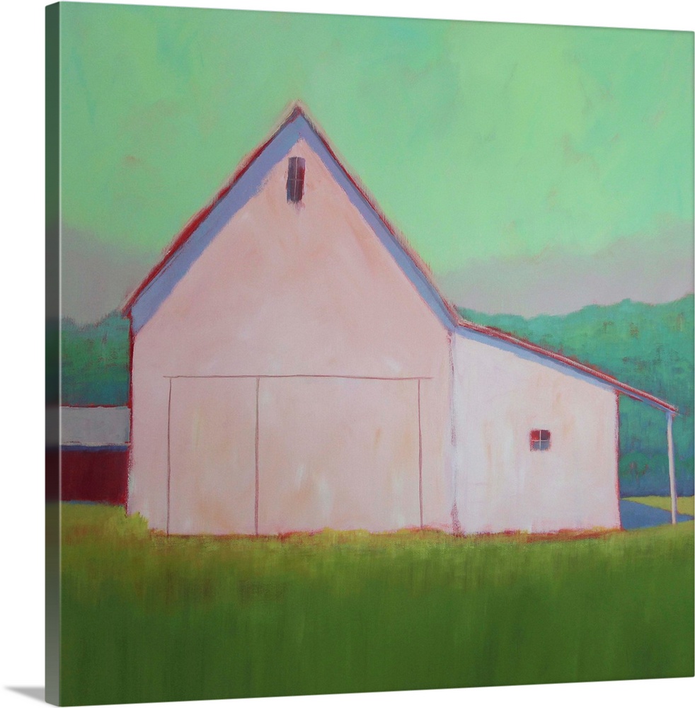 Square artwork of an agricultural building on a green countryside against a bright mint sky.