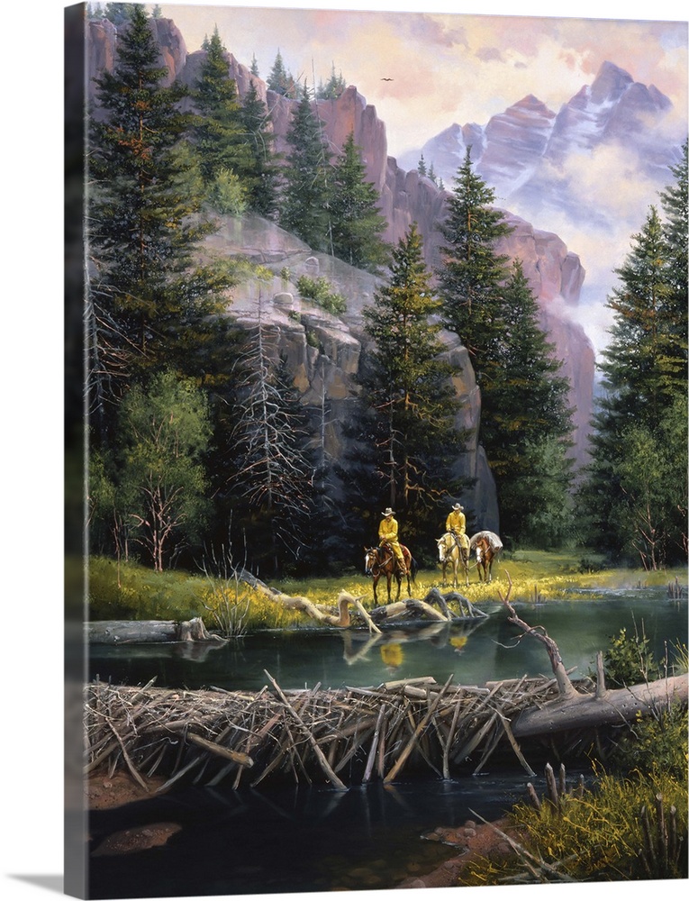 Contemporary Western artwork of two cowboys on horseback in a river valley near a beaver dam in the Rocky Mountains.