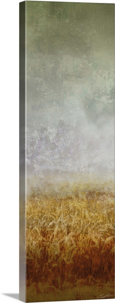 A contemporary abstract painting of a golden field under a gray sky.