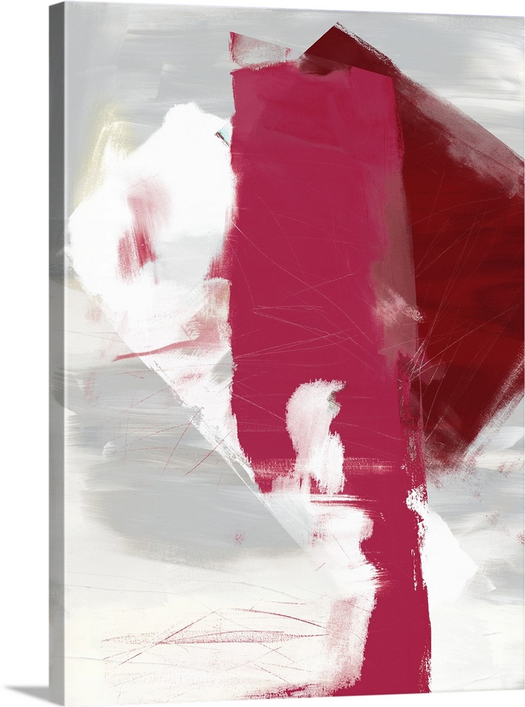 Abstract artwork with in contrasting shades of grey and deep red.