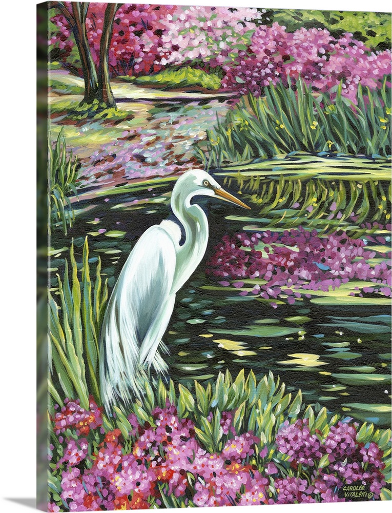 Contemporary painting of a white egret in a garden pond with flowering trees.
