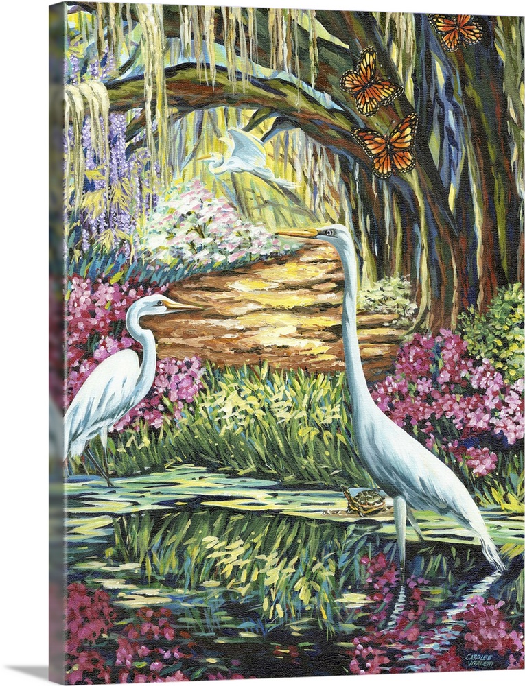 Contemporary painting of two white egrets in a garden pond a willow tree and butterflies.