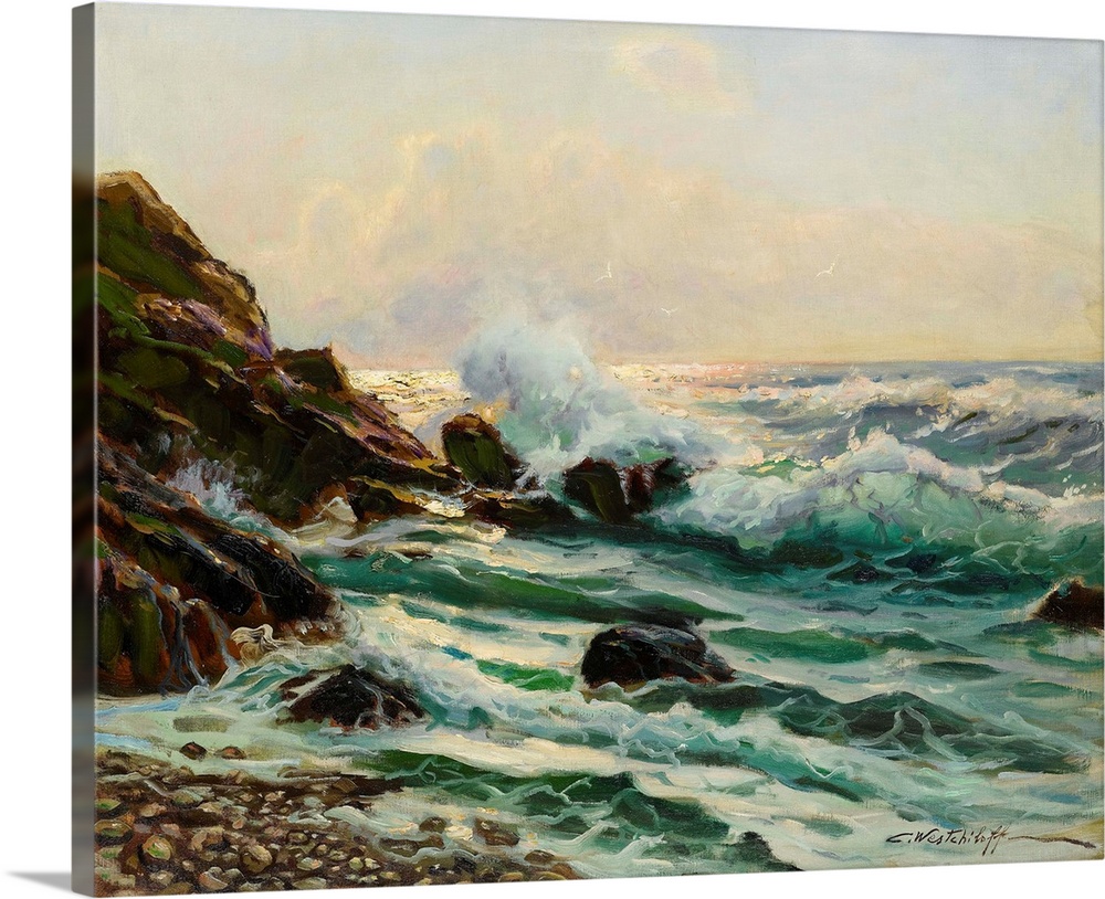 Classic painting of waves crashing against the rocky coast in golden light.