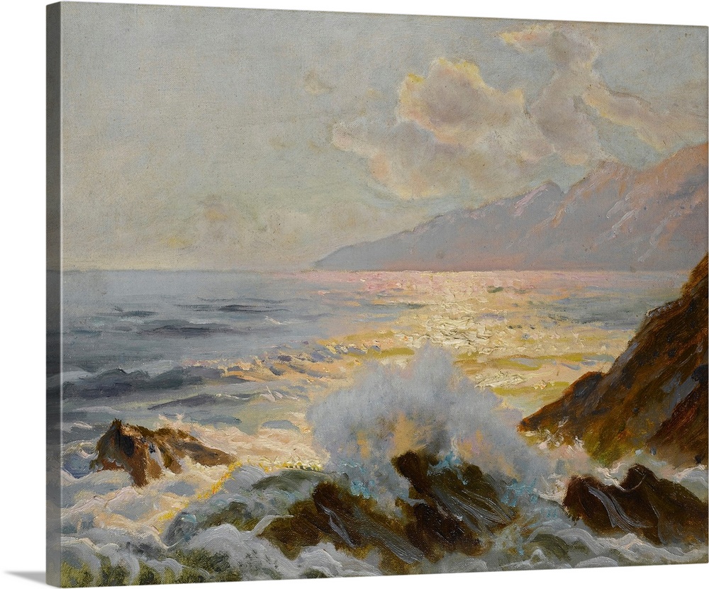 Classic painting of waves crashing against the rocky coast in golden light.