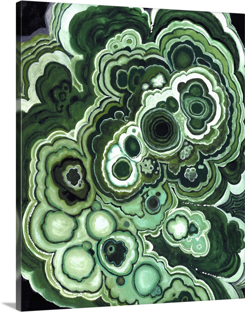 Abstract painting in bubbling green concentric shapes, resembling a polished malachite gemstone.