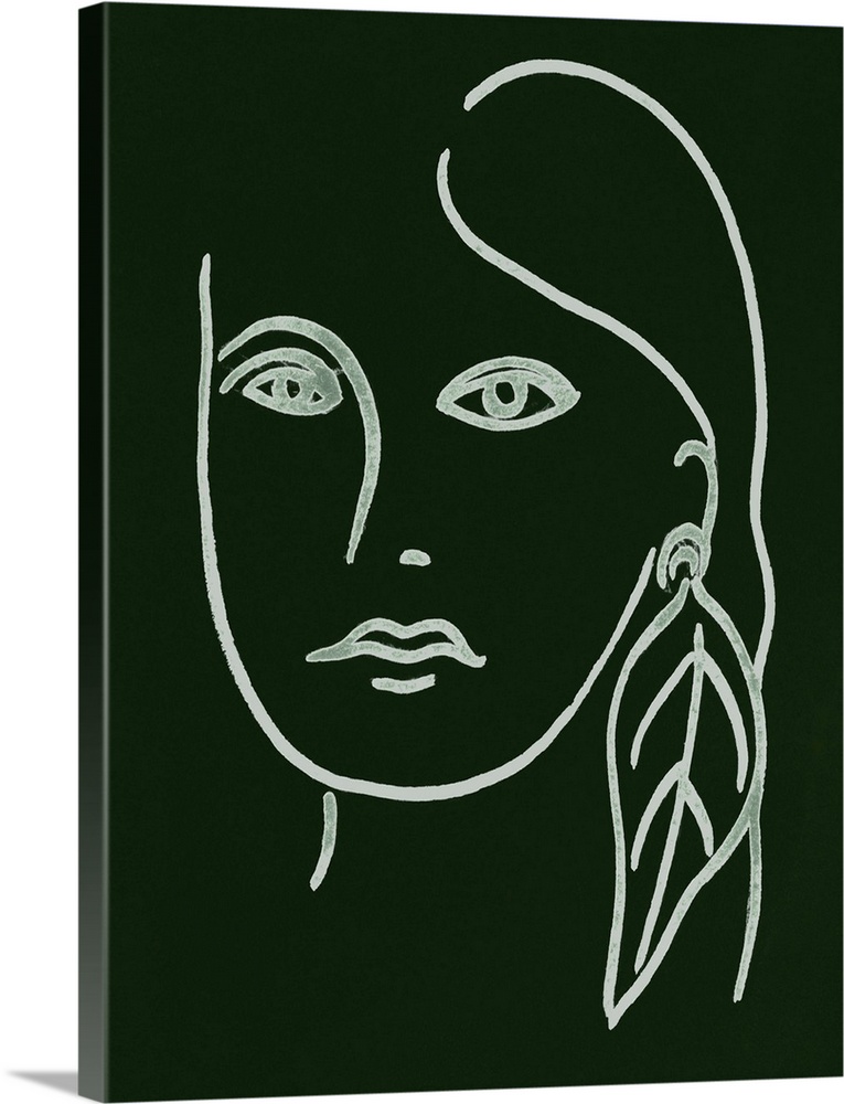 Portrait outline of a woman wearing a feather earring on a dark green background.