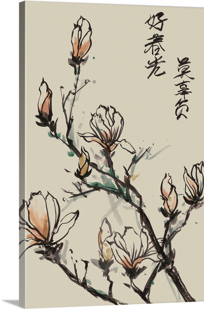 Chinese style artwork of blossoming magnolia flowers on branches with calligraphy.