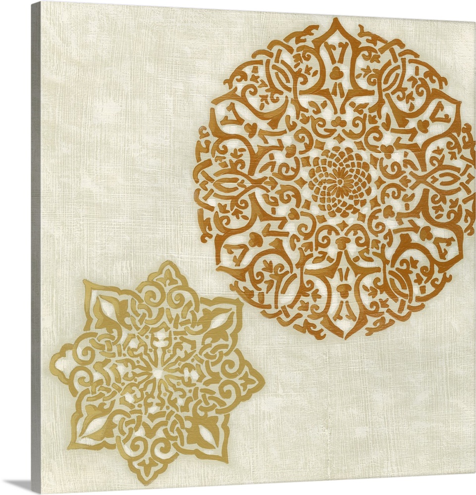 Contemporary decor artwork of detailed ornate gilded designs against a rustic background.