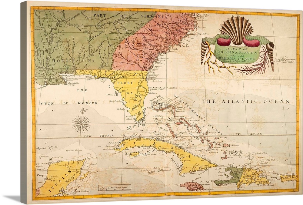 Vintage map of the Carolinas, Florida, and islands in the Caribbean.