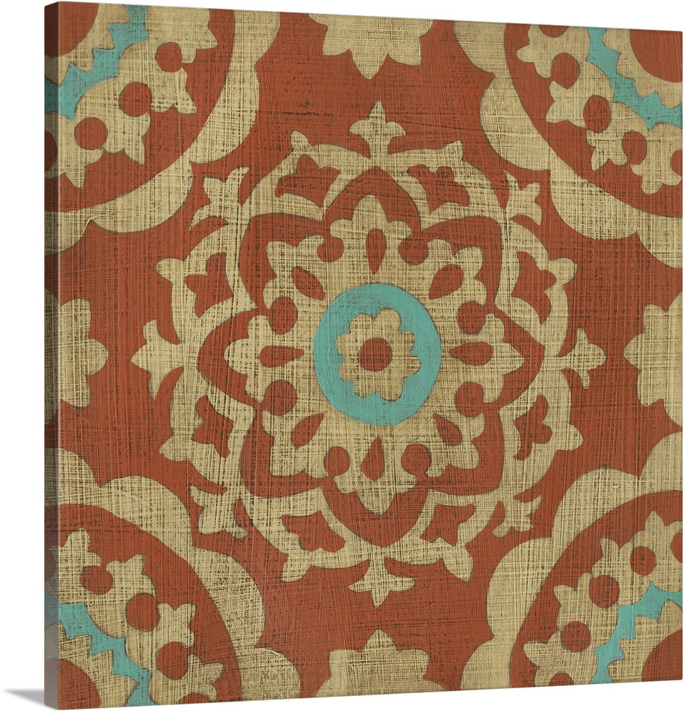 Kaleidoscope patterns in earthy oranges and bright blues fill a cross hatched background resembling burlap material.