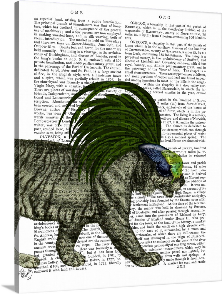 Decorative artwork of a tiger wearing a feathery mask painted on the page of a book.